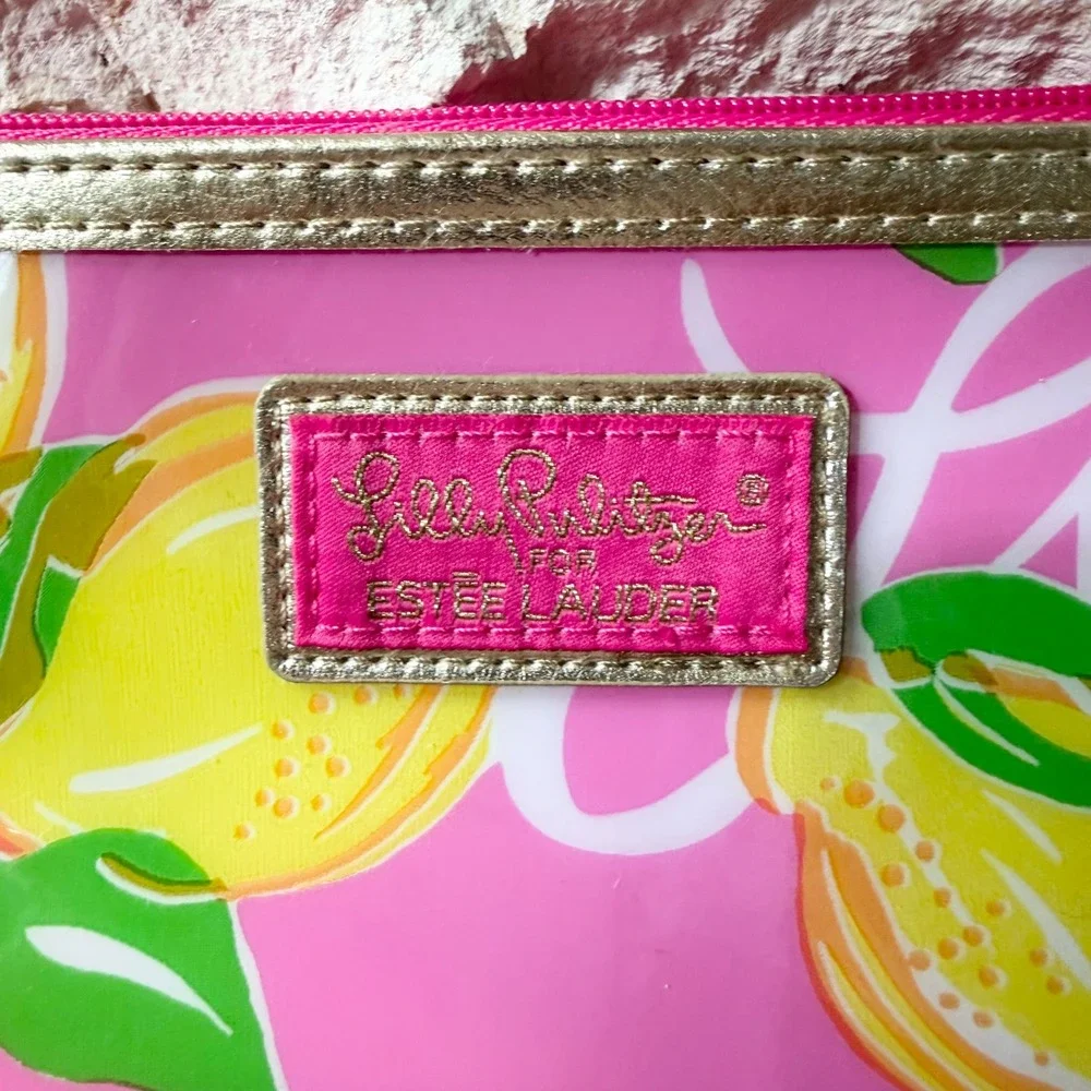 Lilly Pulitzer for Estee Lauder Pink Lemon Print Vinyl Cosmetic Makeup Bag Pouch